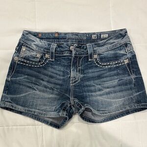 Miss Me Dark Blue Jean Shorts with Embellished Pockets